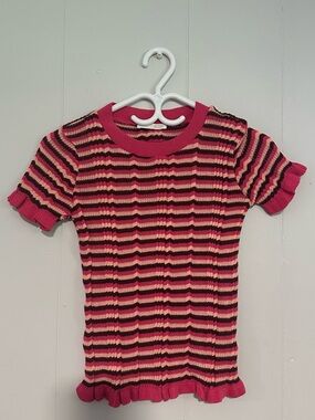 Zara Pink and Black Striped Short Sleeve Knit Top